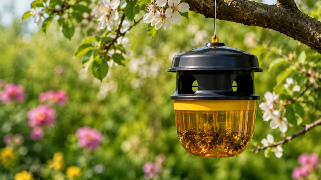 Piège à frelon asiatique suspendu à une branche fleurie
