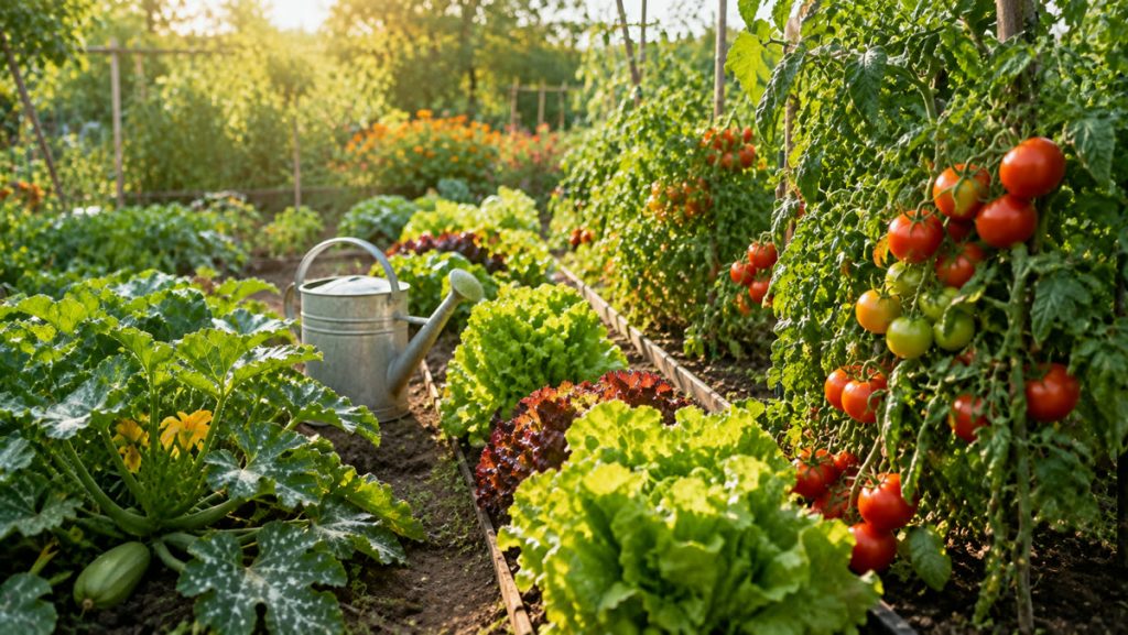Potager luxuriant avec tomates, salades et arrosoir