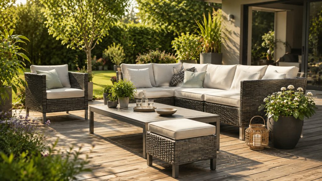 Salon de jardin en résine tressée sur une terrasse en bois