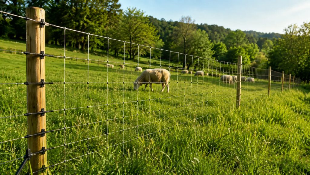 Filet de clôture électrifiable dans un pré avec des moutons