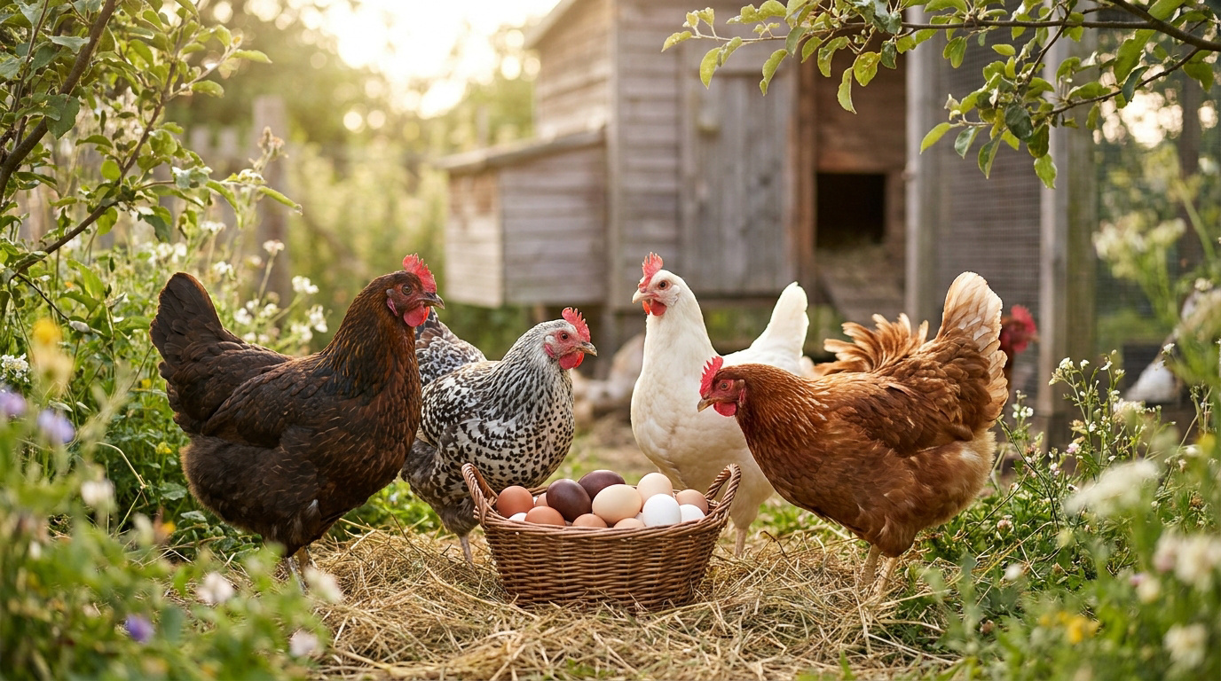 Quatre poules de différentes couleurs entourent un panier rempli d'œufs frais dans un jardin ensoleillé près d'un poulailler.