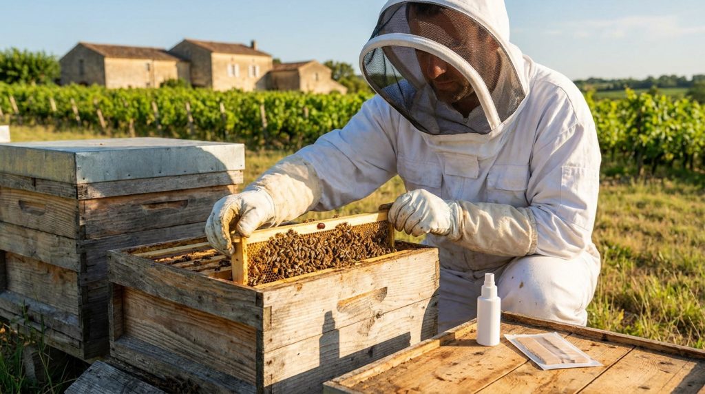 Apiculteur en combinaison blanche inspectant un cadre de ruche dans un vignoble en Gironde.