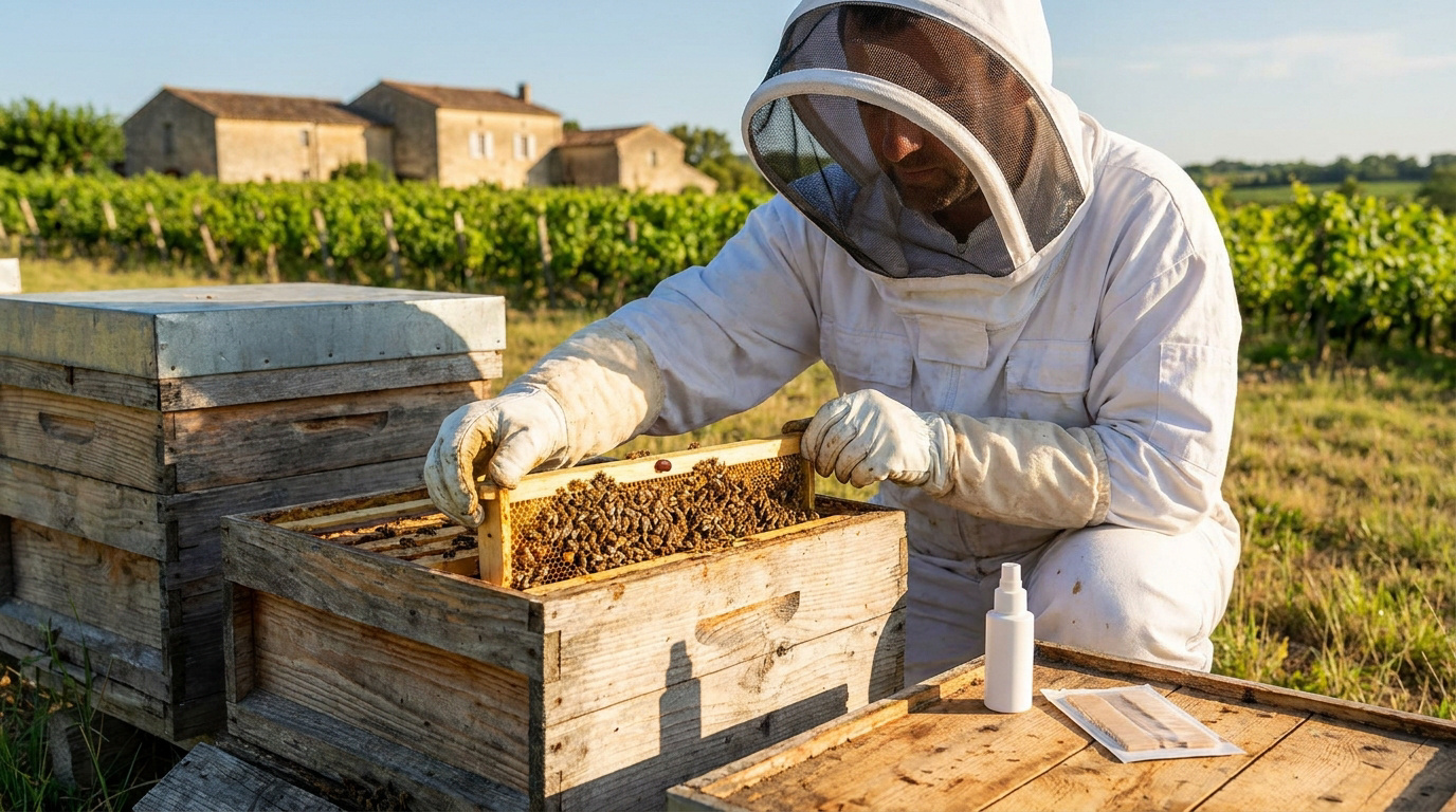 Apiculteur en combinaison blanche inspectant un cadre de ruche dans un vignoble en Gironde.