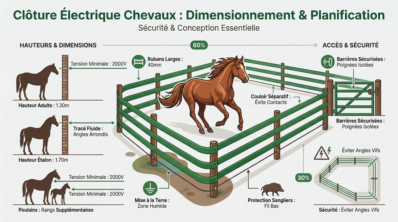 Installation d'une clôture électrique sécurisée pour chevaux en prairie