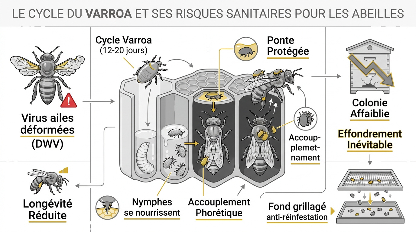 Cycle de reproduction du Varroa destructor dans une cellule de couvain operculé