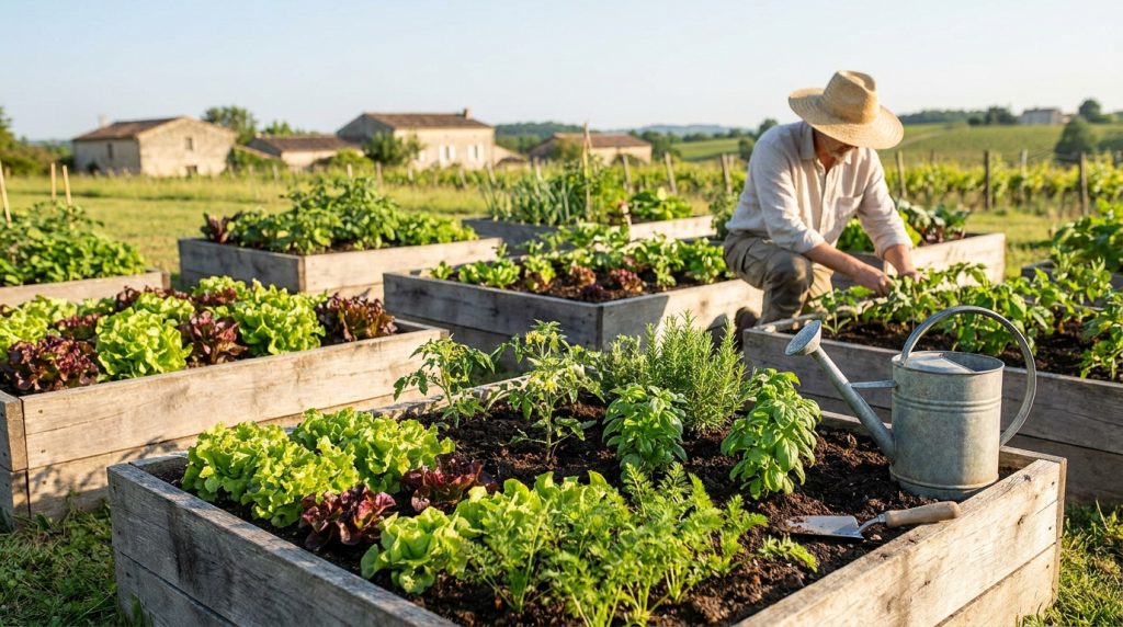 Un jardinier avec un chapeau de paille travaille dans un potager en carrés en bois sous le soleil de Gironde.