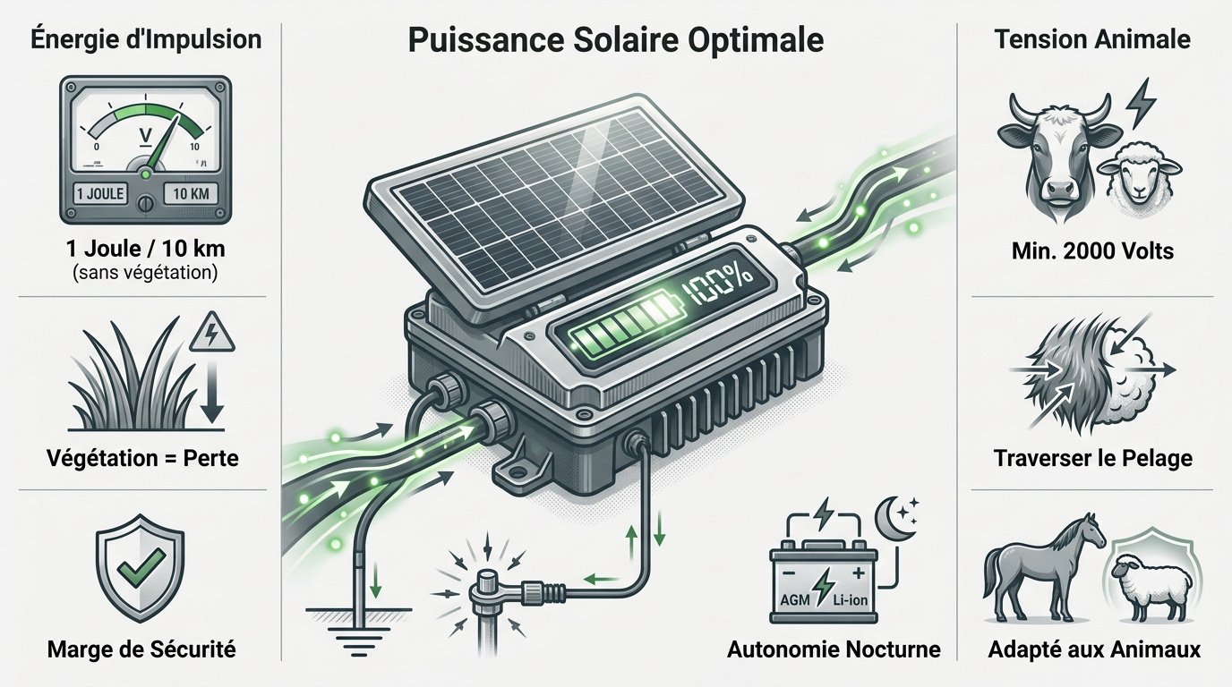 Électrificateur solaire installé sur un piquet de clôture dans une prairie