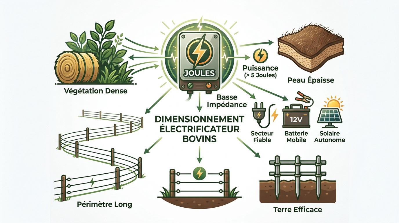 Infographie expliquant comment choisir la puissance en joules d'un électrificateur pour bovins selon la distance et la végétation