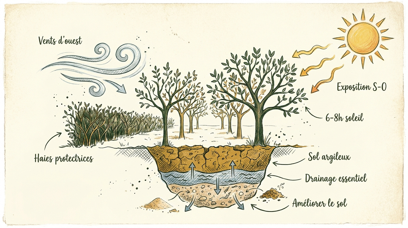 Infographie sur l'exposition au soleil, la protection contre le vent et le drainage pour un verger