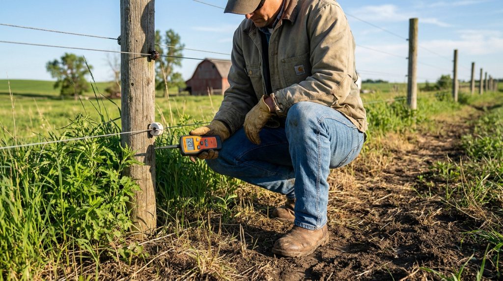 Un agriculteur accroupi utilise un testeur de tension numérique pour vérifier une clôture électrique dans un champ.