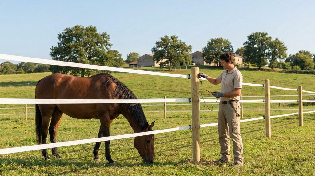 Un technicien teste le voltage d'une clôture électrique pour chevaux dans un pré avec un cheval qui broute à côté.
