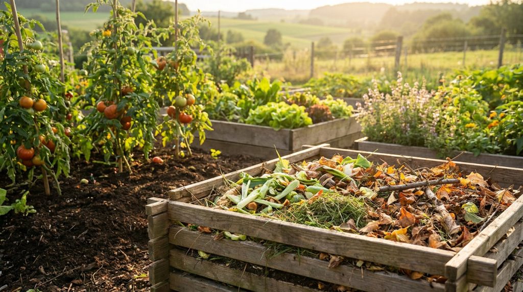 Bac à compost en bois rempli de déchets organiques dans un potager avec des tomates en arrière-plan.