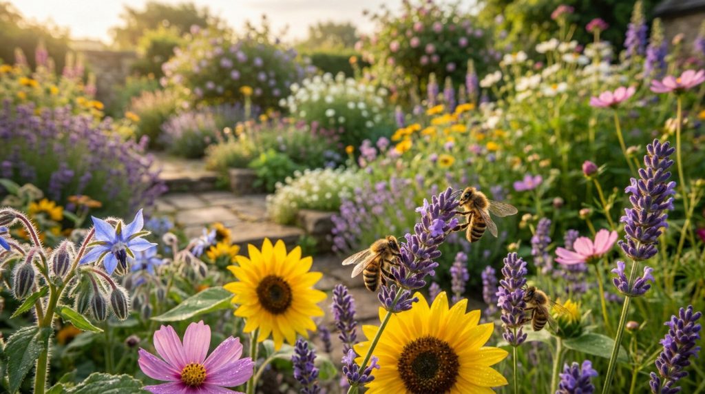 Gros plan sur des abeilles butinant de la lavande et des tournesols dans un jardin ensoleillé.
