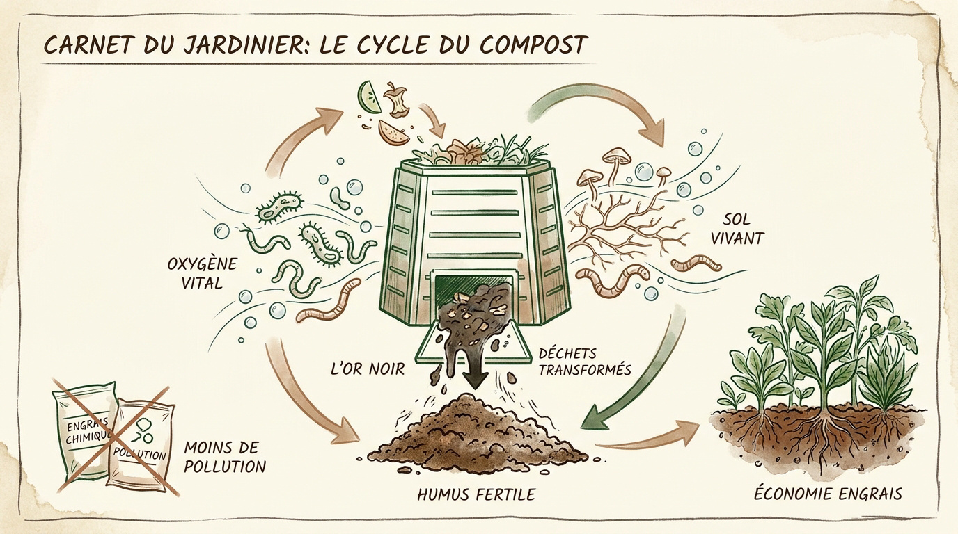 Schéma illustrant le cycle naturel du compostage domestique et la décomposition de la matière organique