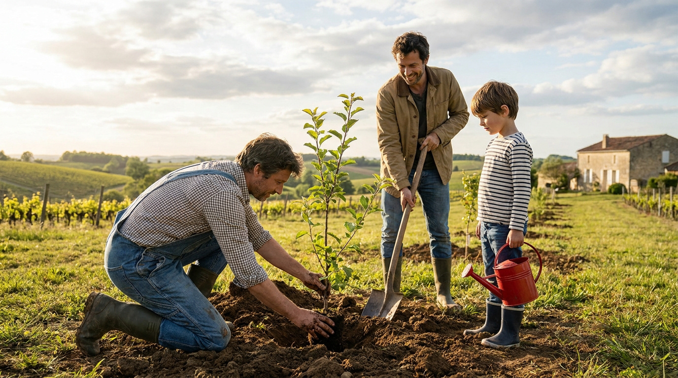 Père et fils plantent un jeune arbre fruitier dans un verger en Gironde par une belle journée ensoleillée.