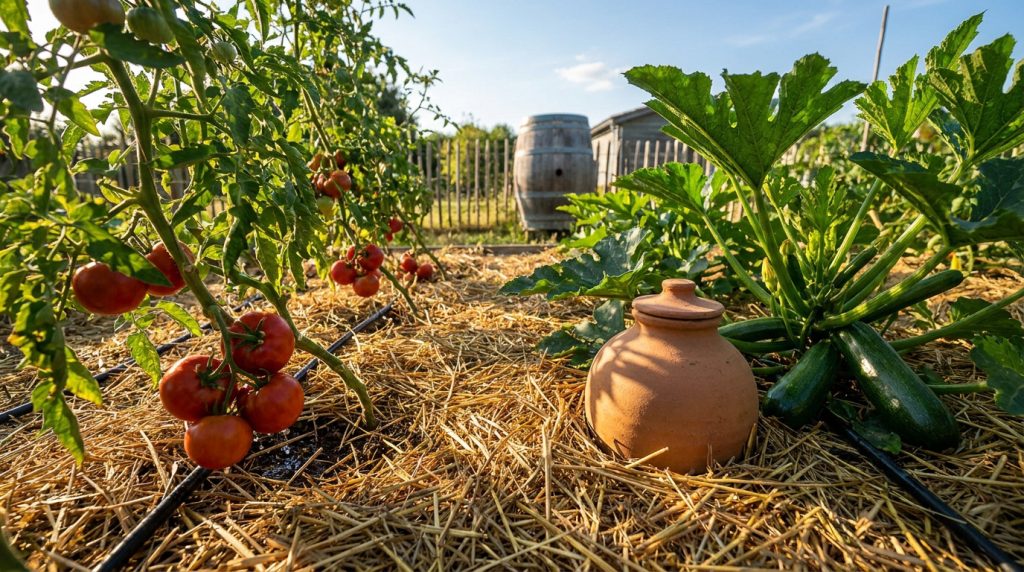 Potager paillé avec tomates, courgettes et une oya en terre cuite pour l'irrigation.
