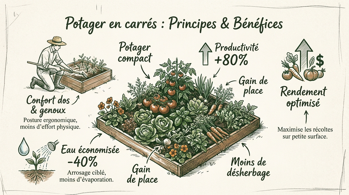Potager en carrés structuré en bois dans un jardin ensoleillé