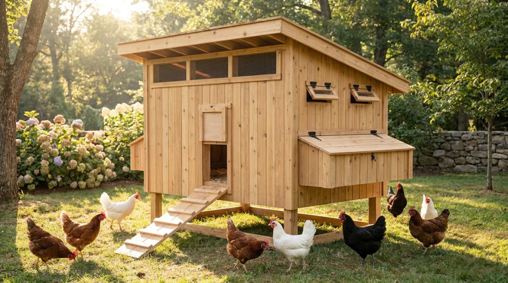 Poulailler en bois sur pilotis dans un jardin ensoleillé avec des poules de différentes couleurs qui picorent l'herbe.