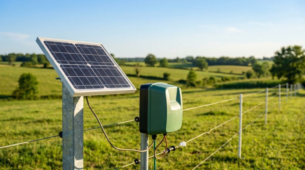 Électrificateur de clôture alimenté par un panneau solaire dans un champ verdoyant en Gironde.