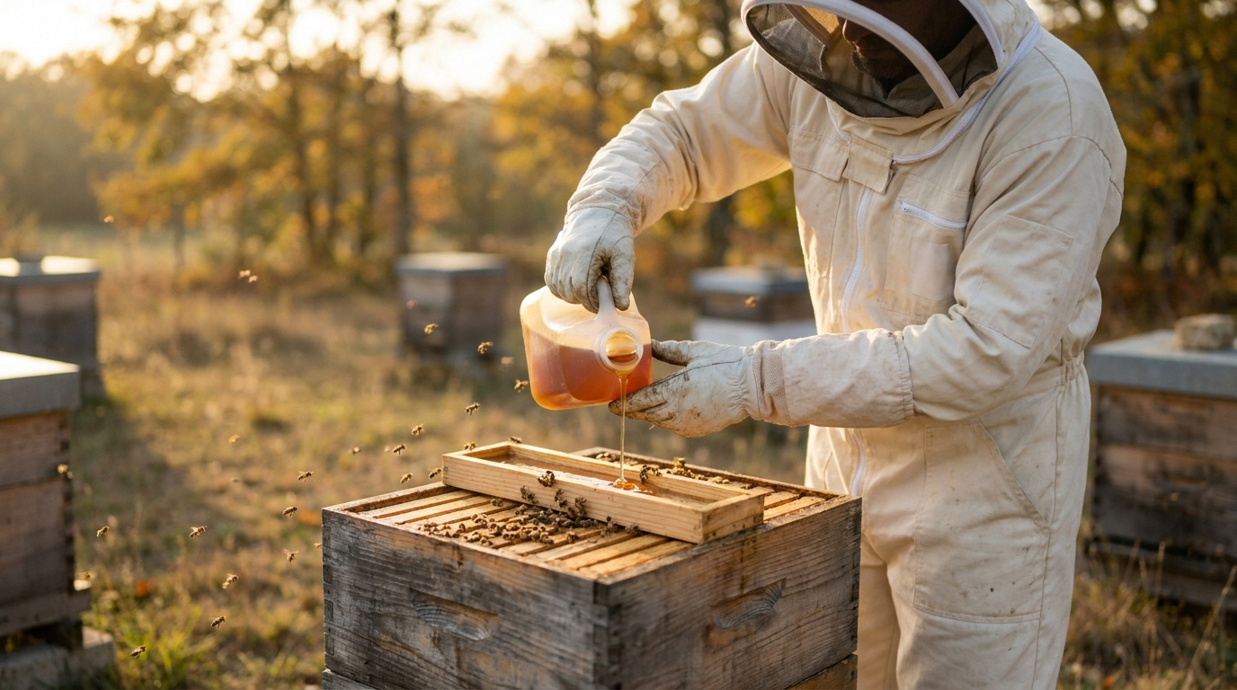 Un apiculteur en combinaison nourrit ses abeilles en versant un sirop dans une mangeoire sur une ruche au soleil.
