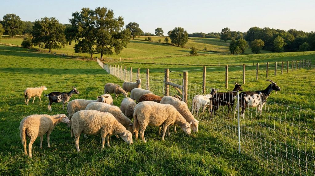 Troupeau de moutons et de chèvres pâturant dans un pré en Gironde, délimité par une clôture électrique adaptée.