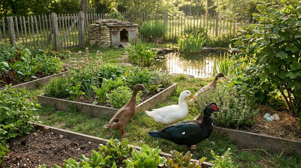 Trois canards de couleurs différentes se promènent dans un potager verdoyant près d'un petit bassin.