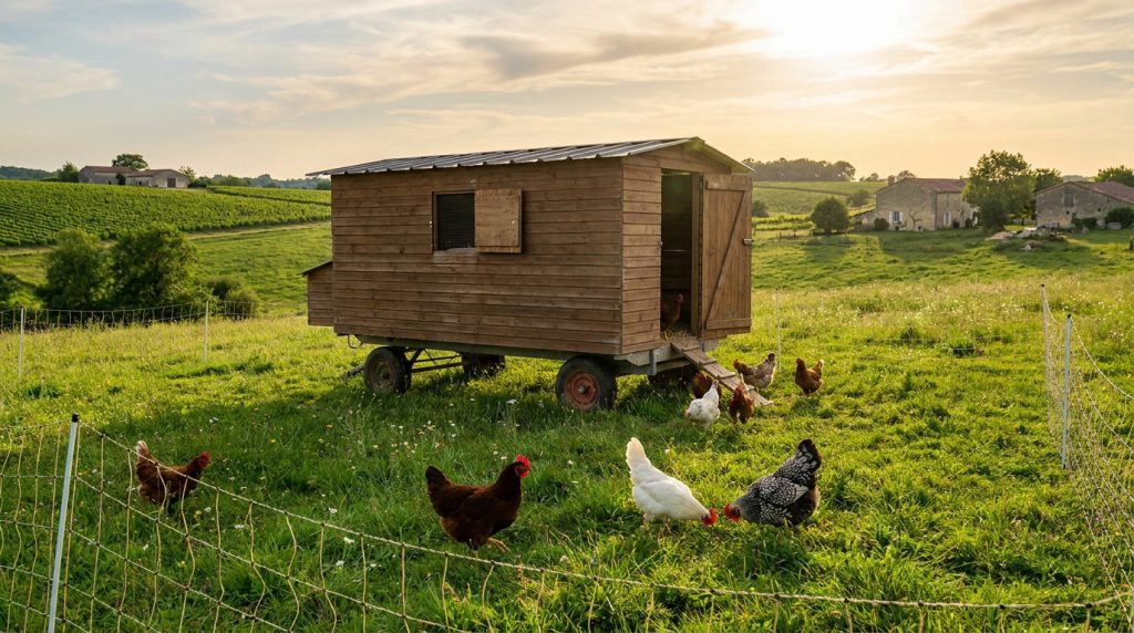 Poulailler mobile en bois sur roues au milieu d'un pré verdoyant avec des poules picorant, sous un ciel de coucher.