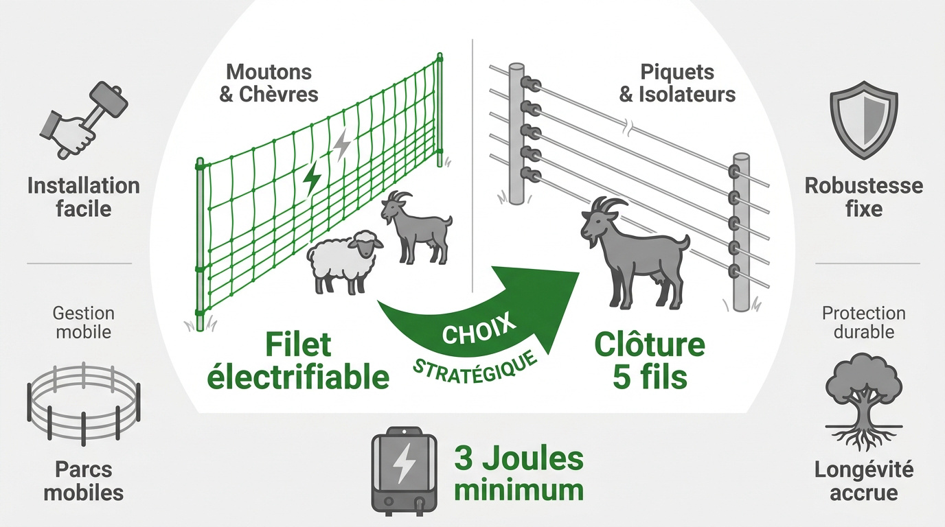 Comparaison entre un filet électrifiable jaune et une clôture multi-fils pour petits ruminants