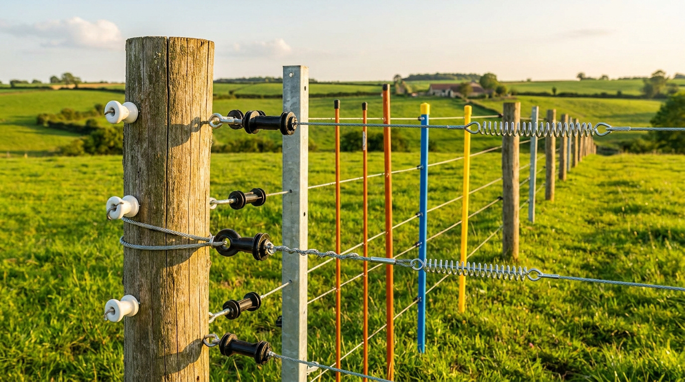 Clôture électrique avec isolateurs en céramique et plastique dans une prairie ensoleillée.