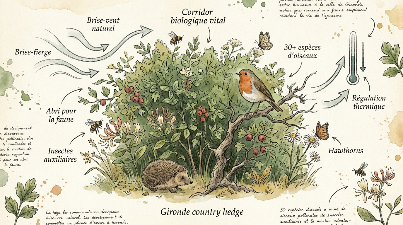 Haie champêtre diversifiée en Gironde servant de brise-vent et de refuge écologique
