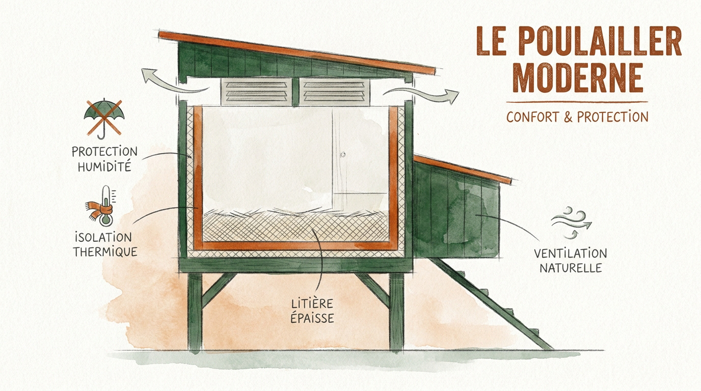 Poulailler moderne en bois surélevé avec toiture isolée pour l'hiver