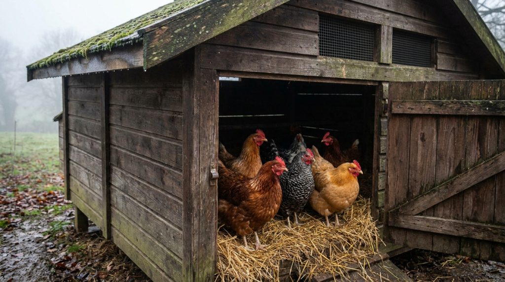Groupe de poules se réfugiant à l'intérieur d'un poulailler en bois par une journée brumeuse et humide.
