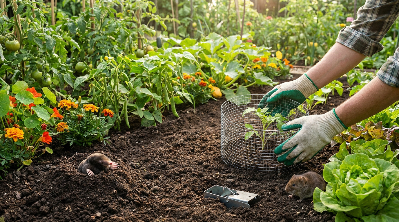 Un jardinier protège un jeune plant avec un grillage près d'une taupe et d'un campagnol dans un potager.