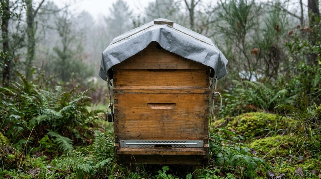 Ruche en bois protégée par une bâche grise au milieu d'une forêt brumeuse et humide.