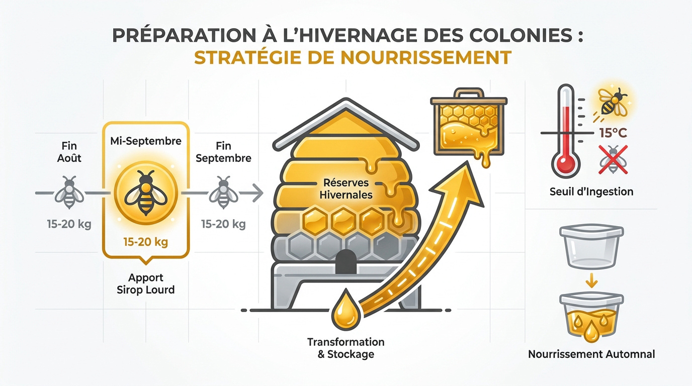 Apiculteur versant du sirop lourd dans un nourrisseur de ruche en automne